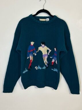 Vintage Teal Wool Crewneck Sweater with Soccer Design
